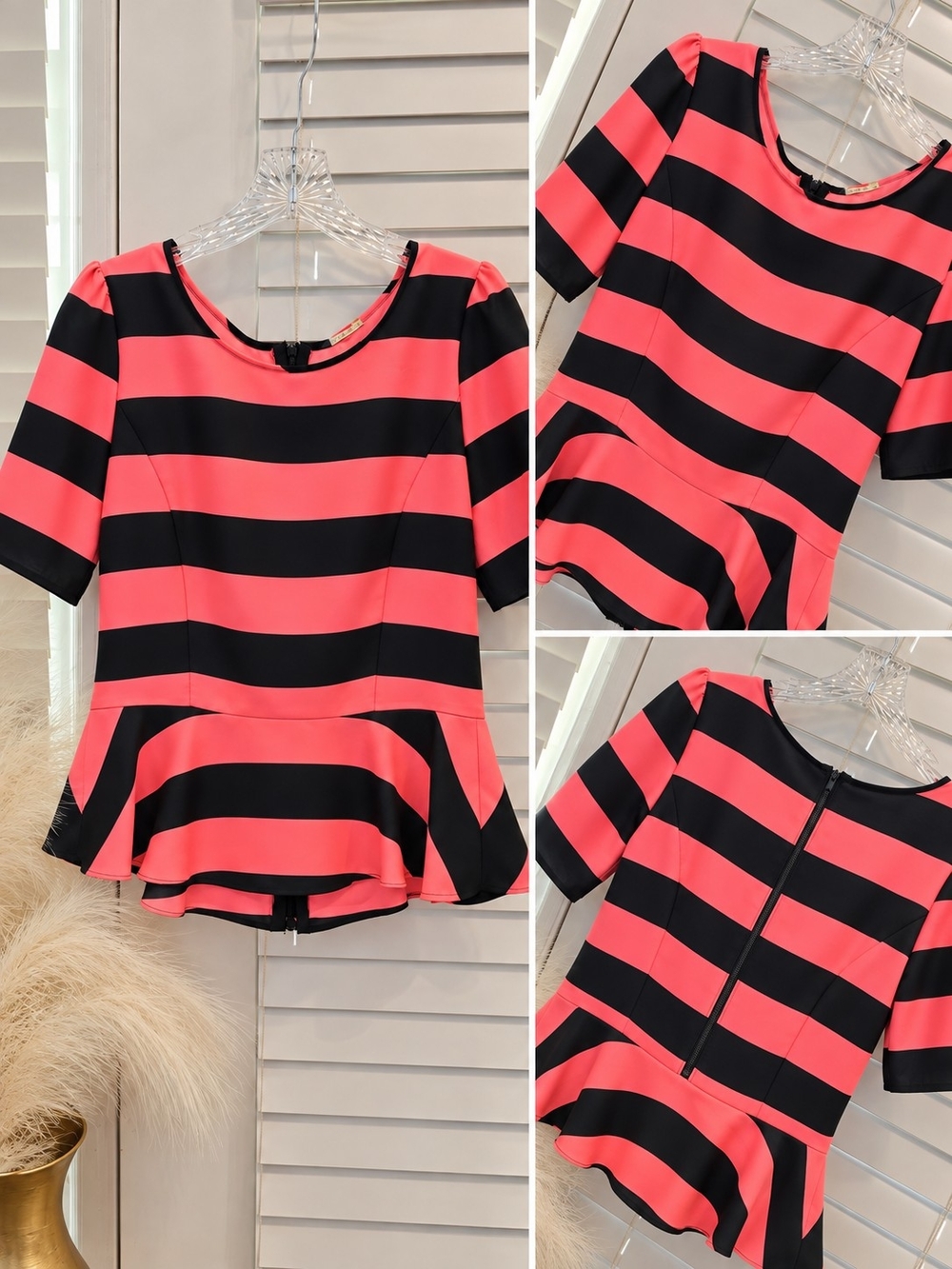 Gianni Bini Black & Coral Striped Peplum Top